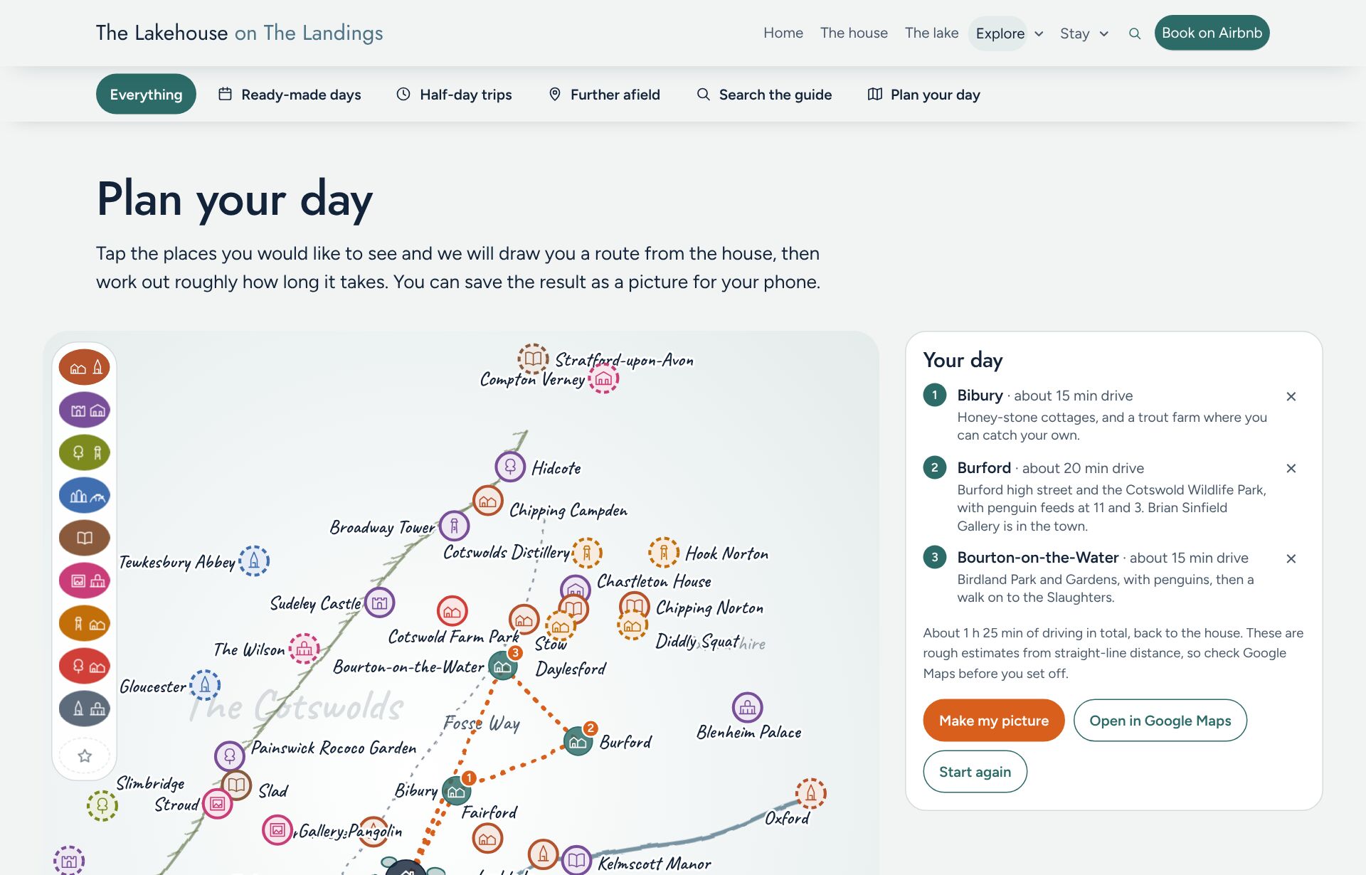 Plan your day: an illustrated map of the Cotswolds with a route from the house to Bibury, Burford and Bourton-on-the-Water, and a Your day panel with drive times