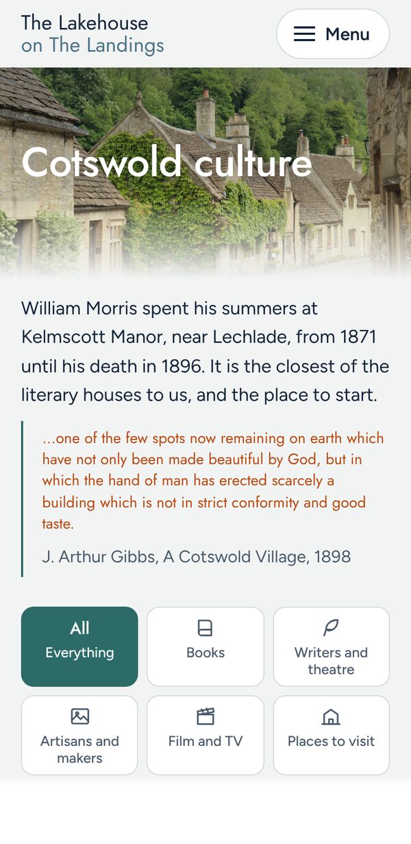 Cotswold culture page on a phone with filters for books, writers, makers and film