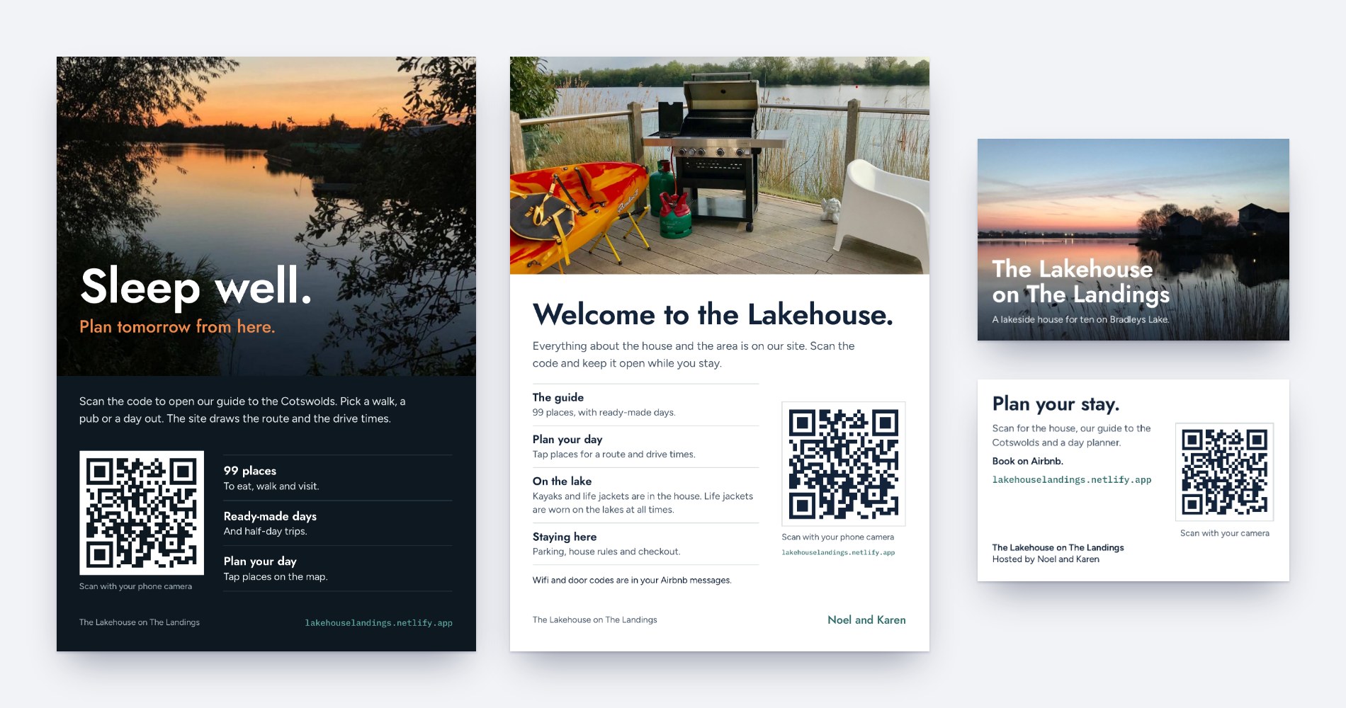 Four printed cards for the Lakehouse: a dark A5 bedside card that says Sleep well, a white A5 kitchen card that says Welcome to the Lakehouse, and the front and back of a double-sided business card with a QR code
